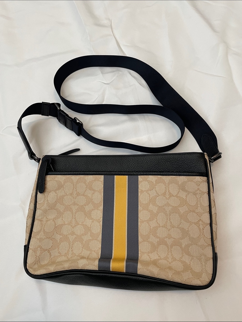 Coach Men's Canvas Crossbody Bag in Beige with Yellow Stripe NWOT